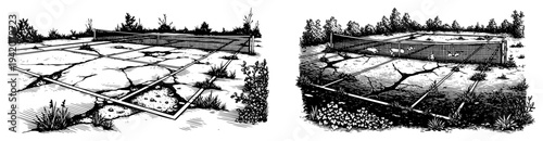 Abandoned tennis court with cracked surface and overgrown weeds in woodcut style