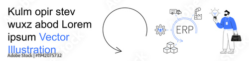 Management systems, supply chain, logistics, automation, technology, business processes. Minimalist graphic an ERP symbol, gear delivery icons and a figure with a lightbulb. Management systems