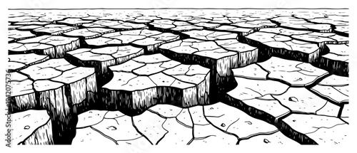 Perspective view of deep cracked dry earth ground in detailed engraving style