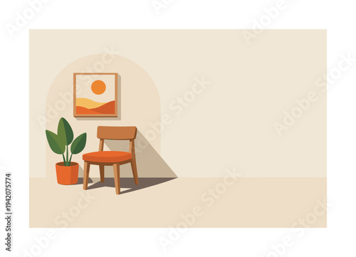 Minimal interior decor styling scene with simple chair plant and wall art arranged neatly seen from front view, positioned in the