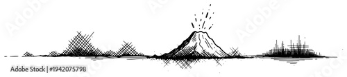 Minimalist hand drawn panoramic landscape sketch featuring jagged mountains and an erupting volcano