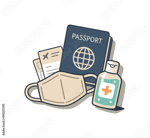 Calm travel safety essentials concept with passport and sanitizer slightly angled for balance shown from above, arranged in the