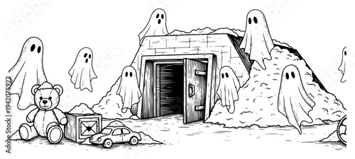 Spooky scene with floating sheet ghosts and abandoned toys near a mysterious entrance