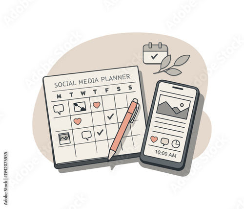 Calm social media scheduling concept with planner and smartphone slightly angled for balance shown from above, arranged in the