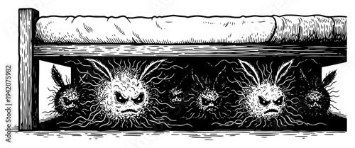 Scary hand drawn illustration of furry monsters hiding under a bed