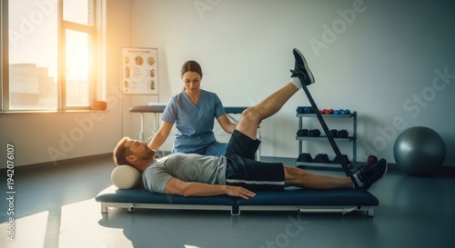 Physical therapist assisting patient with leg extension exercise in clinic setting.