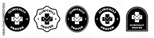 Clinically Proven signs with icon. Labels for medication or cosmetics.