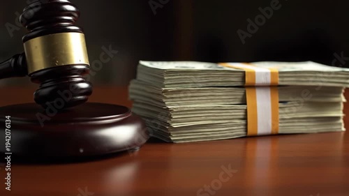 Wooden judge gavel resting beside a large stack of money on a desk. Legal system concept involving bribery, fine, litigation, judicial court house corruption.