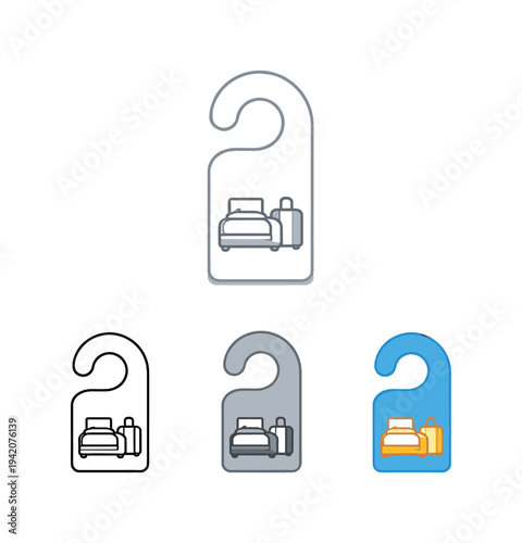 Travel accommodation scene portrayed as a door hanger tag with rounded top and hook cutout hanging vertically and minimal as one