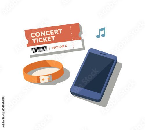 Minimal concert night essentials concept with ticket card wristband and phone loosely arranged seen from a top-down angle, offset