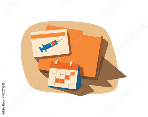 Vaccination appointment concept with simple appointment card syringe icon medical folder and calendar tile arranged neatly seen
