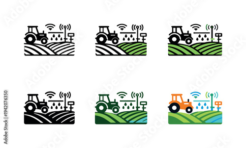 Smart Farming Icons Grid. Smart farming icon depicting tractors, crop fields, irrigation systems, and sensor networks representing
