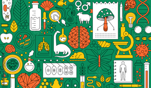 Science research in biology, chemistry and medicine. Banner of scientific laboratory with geometric icons of bio technology, organic cell, DNA molecule, animals, brain and heart, vector illustration
