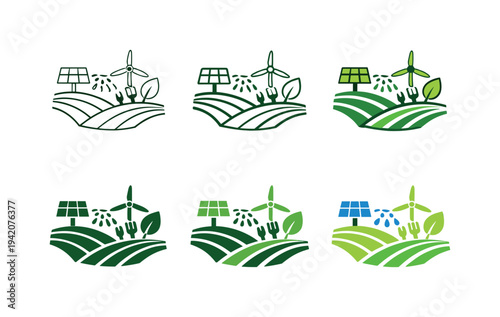 Green agriculture icon showing stylized fields, smart irrigation systems, renewable energy panels, and eco-friendly tools
