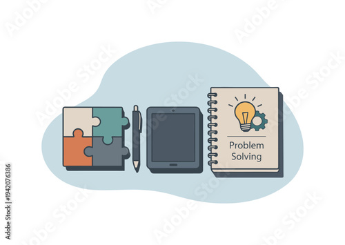 Clean creative problem solving toolkit concept viewed from above with generic notebook puzzle pieces pen and tablet aligned