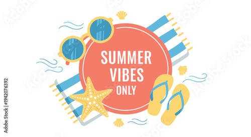 Summer vibes only icon with starfish, flip flops and beach towel vector