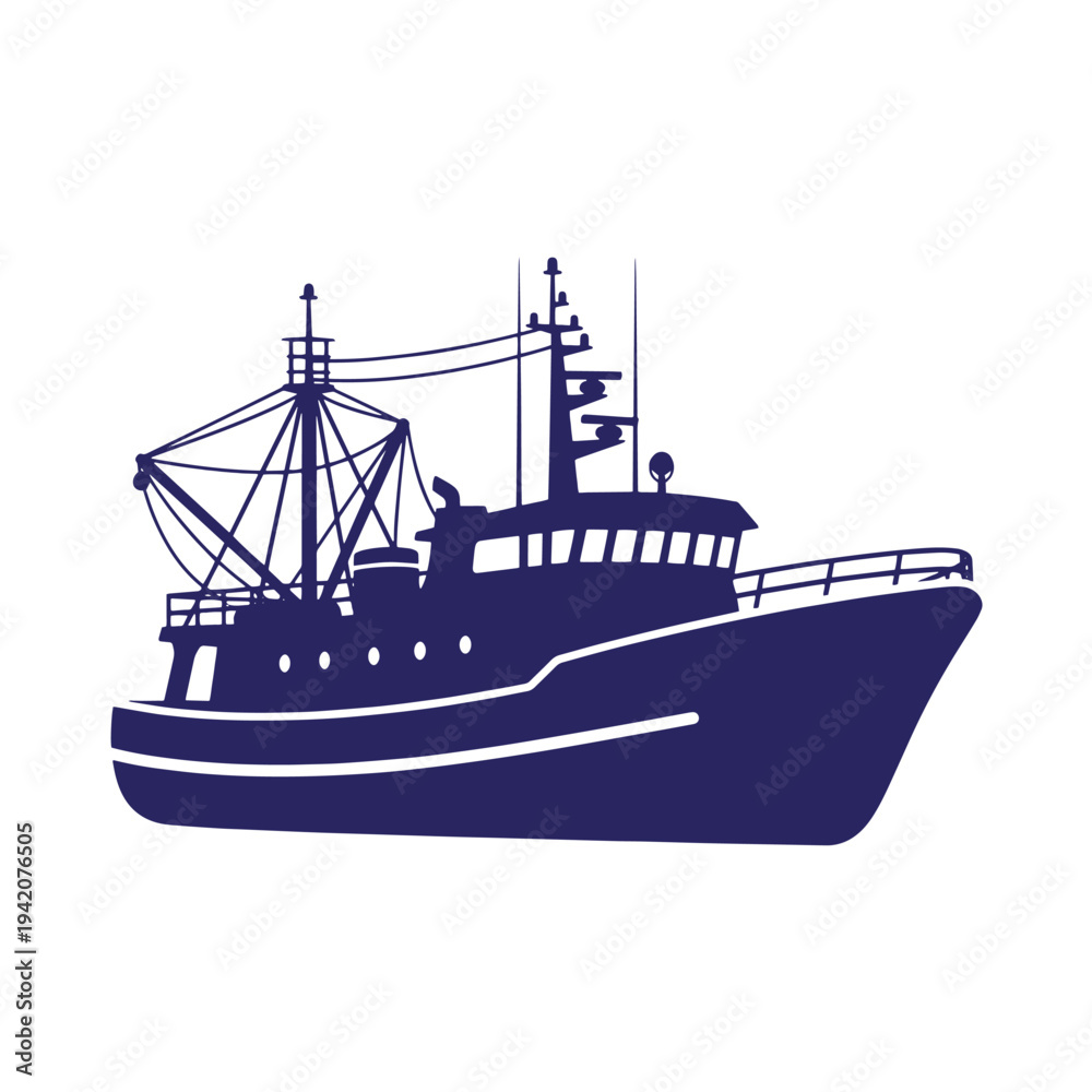 Obraz premium Dark blue silhouette of a fishing boat on white background maritime vessel for travel and transport