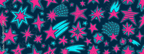 Crayon hand drawn doodle stars. Seamless pattern with cute magic sparks, glint and shooting stars with chalk texture. Abstract stickers set of twinkle lights and sparkles, vector illustration