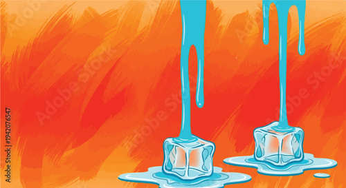 A creative, non-photorealistic illustration showing thick blue liquid dripping onto translucent ice cubes, placed on a warm-toned, hand-painted orange background.,artistic texture