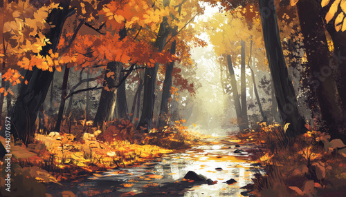 Discover the enchanting beauty of a tranquil forest with vibrant autumn foliage and a serene stream flowing through the landscape