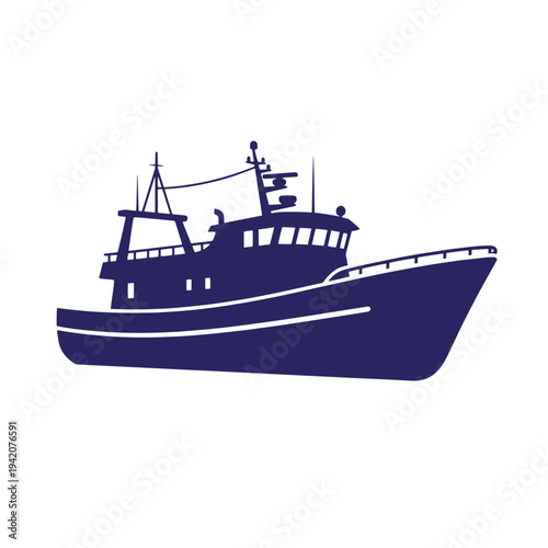 Dark blue silhouette of a fishing boat on white background  maritime vessel