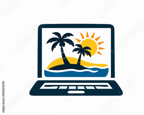 Laptop showing tropical island, palm trees, sea and sun on screen. Remote trip planning and online vacation booking concept in modern flat vector style.