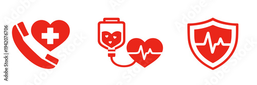 Healthcare support icon set with medical phone, IV drip heart and shield pulse symbol. Modern red vector for emergency contact, infusion therapy and protected health services.