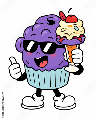 Cool blueberry cupcake mascot in sunglasses giving a thumbs up and holding an ice cream sundae. Fun dessert cartoon vector for bakery branding, menus, stickers and kids packaging.
