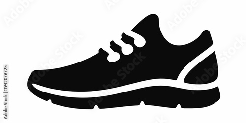 Dynamic black silhouette of a running sneaker with curved sole and sporty shape. Athletic footwear icon for fitness, training, jogging, active lifestyle and sports retail design.
