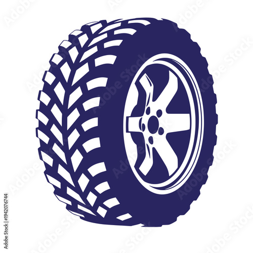 Dark blue tire with white rim and tread pattern on white background