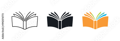 Knowledge exchange concept depicted by an open book with radiating pages and a central spine, identical silhouette repeated