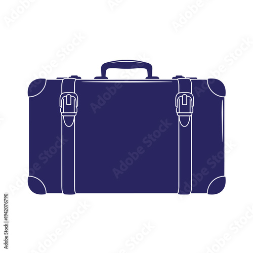 Dark blue vintage travel suitcase with white outline on white background  old fashioned luggage
