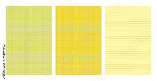 Set of yellow legal pad pages with lined or grid designs