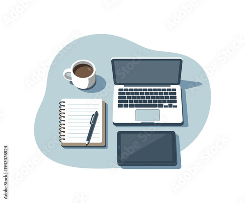 Balanced Workspace Layout. Clean work life balance concept viewed from above with generic laptop notebook coffee cup and tablet