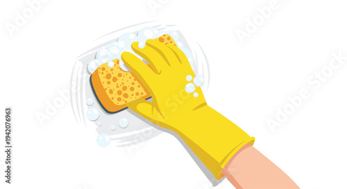 A yellow-gloved hand, holding a textured orange sponge, is vigorously scrubbing a white surface, surrounded by numerous soap bubbles against a pristine white background.
