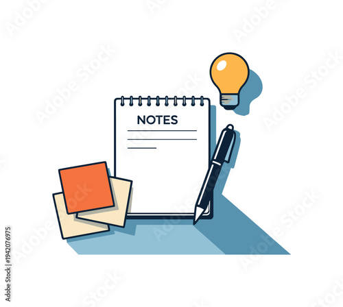 Refined contemporary design thinking workshop concept with essential notebook pen sticky notes and lightbulb subtly offset and