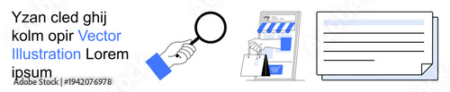 Data analysis, e-commerce, document review, market research, online business, information search. A hand holding a magnifying glass, storefront icon and document icon. Data analysis and e-commerce