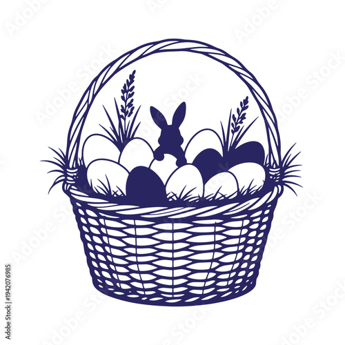 Easter basket with eggs and bunny silhouette surrounded by grass and wheat  seasonal holiday symbol