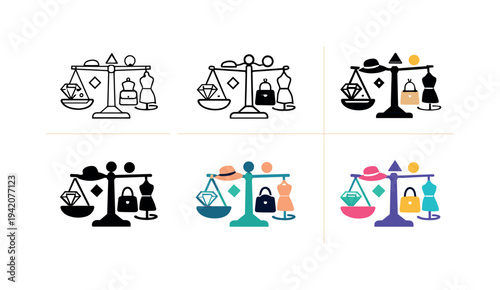 Proportional design icon depicting stylized scales, geometric shapes, fashion accessories, and aesthetic elements representing