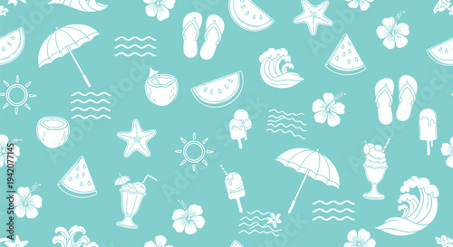 Summer, beach, vacation icons, seamless pattern, turquoise background, white illustrations
