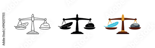 Nature harmony metaphor expressed through a balanced scale holding a feather on one side and a stone on the other, matching