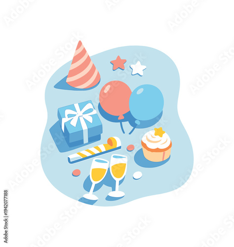 Airy celebration party essentials set emphasizing joy and negative space seen in top-down macro perspective, positioned in the