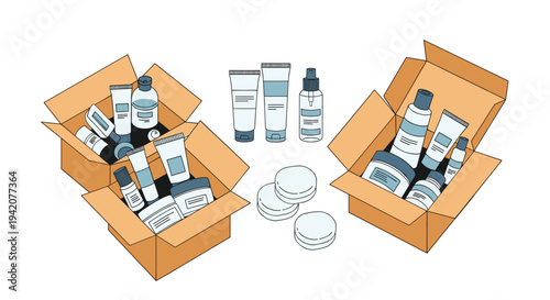 Several blue and white cosmetic products, including tubes, bottles, and jars, are shown both inside three open cardboard boxes and scattered alongside four round cotton pads.
