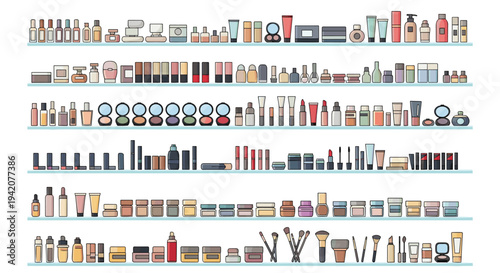 A vast array of outlined cosmetic products, including makeup, skincare, and fragrance items, are neatly displayed across five long, thin shelves.