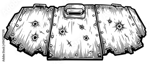 Set of heavy armored tactical shields with bullet impacts and rivets in hand drawn woodcut style