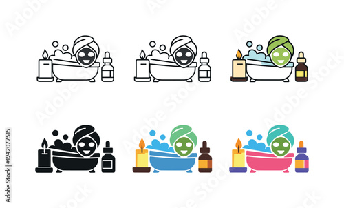 Home spa ritual symbol illustrating a candle, bathtub, face mask, and essential oil, conveying personal relaxation, self-care