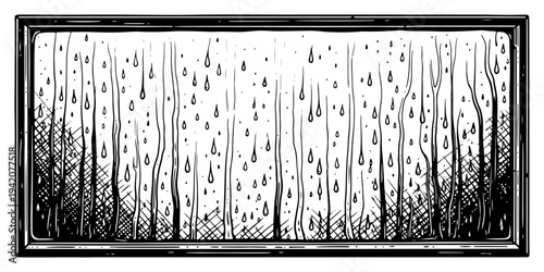 Vintage engraving style illustration of raindrops and water streaks on a window glass