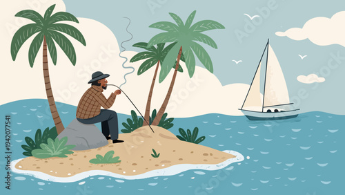 Man relaxing on tropical island with sailboat in background