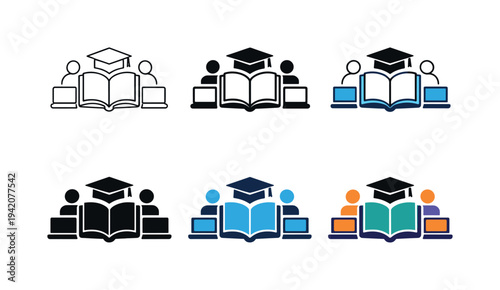 Academic access icon showing stylized open books, graduation caps, laptops, and student figures representing learning