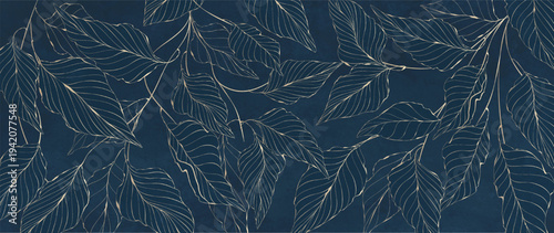 Luxurious botanical art background with golden leaves on a line-style branch. Natural botanical banner for decor, wallpaper, prints, posters, packaging, and interior design.